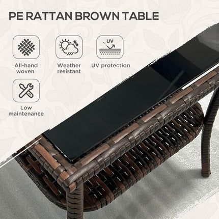 50cm Outdoor PE Rattan Two-Tier Coffee Table with Glass Top - Brown