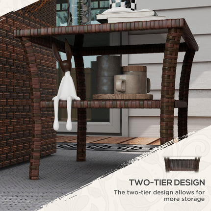 50cm Outdoor PE Rattan Two-Tier Coffee Table with Glass Top - Brown