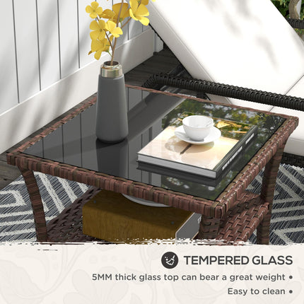 50cm Outdoor PE Rattan Two-Tier Coffee Table with Glass Top - Brown