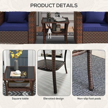 50cm Outdoor PE Rattan Two-Tier Coffee Table with Glass Top - Brown