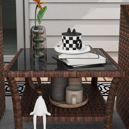 50cm Outdoor PE Rattan Two-Tier Coffee Table with Glass Top - Brown