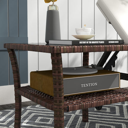 50cm Outdoor PE Rattan Two-Tier Coffee Table with Glass Top - Brown