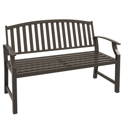 2 Seater Metal Garden Bench with Slatted Seat and Curved Armrests - Brown