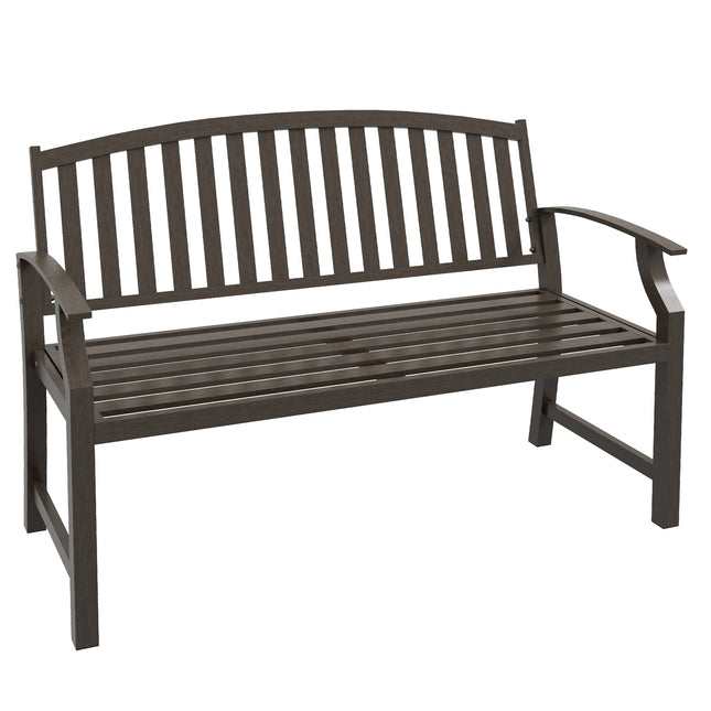 2 Seater Metal Garden Bench with Slatted Seat and Curved Armrests - Brown