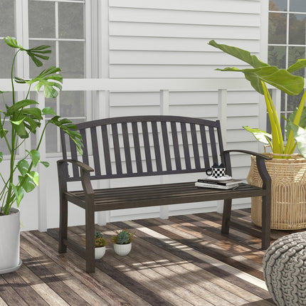2 Seater Metal Garden Bench with Slatted Seat and Curved Armrests - Brown
