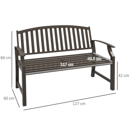 2 Seater Metal Garden Bench with Slatted Seat and Curved Armrests - Brown