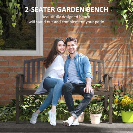 2 Seater Metal Garden Bench with Slatted Seat and Curved Armrests - Brown