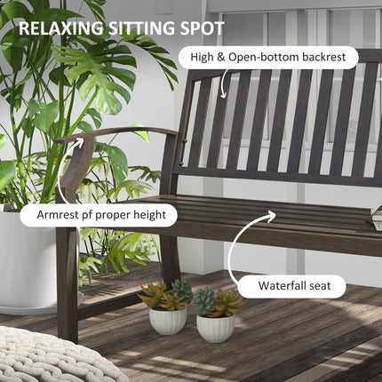 2 Seater Metal Garden Bench with Slatted Seat and Curved Armrests - Brown