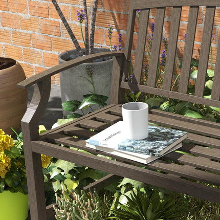 2 Seater Metal Garden Bench with Slatted Seat and Curved Armrests - Brown