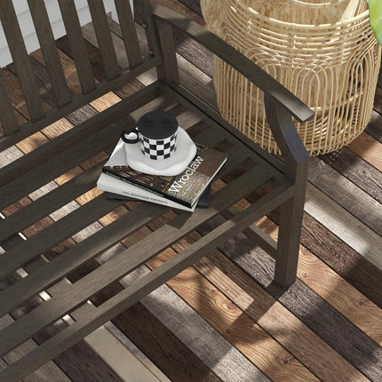 2 Seater Metal Garden Bench with Slatted Seat and Curved Armrests - Brown