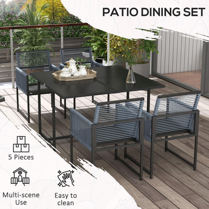 5 Piece Garden Dining Set with Tempered Glass Top and Foldable Backrest - Dark Grey