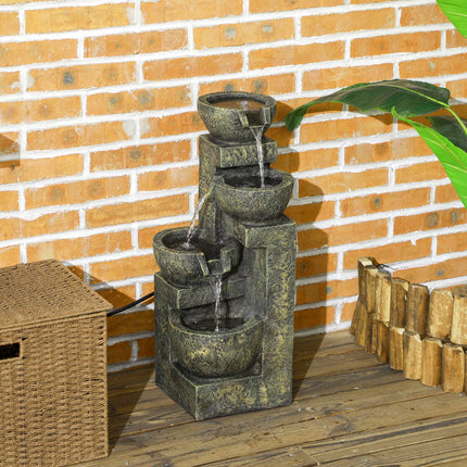 4-Tier Garden Waterfall Fountain with Adjustable Flow and Stone Look Bowls - Black and Yellow