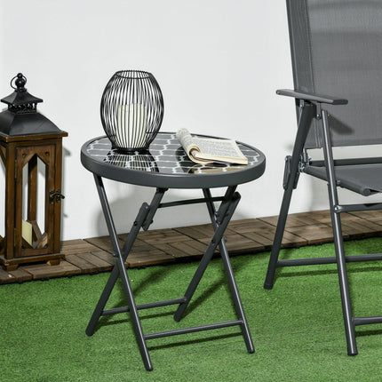 45cm Folding Outdoor Side Table with Marble Glass Top - Black