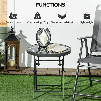 45cm Folding Outdoor Side Table with Marble Glass Top - Black