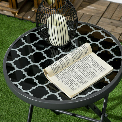 45cm Folding Outdoor Side Table with Marble Glass Top - Black