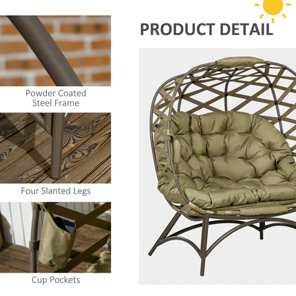 2 Seater Outdoor Egg Chair with Cushions and Cup Holders - Khaki