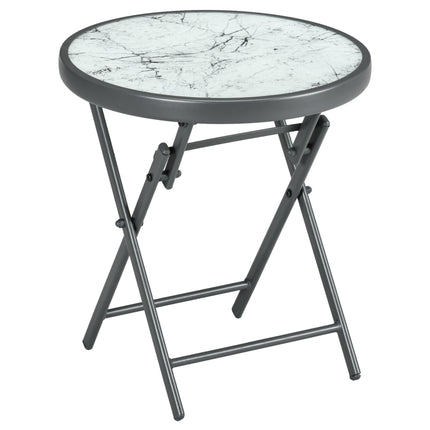 45cm Round Folding Outdoor Side Table with Imitation Marble Glass Top - White