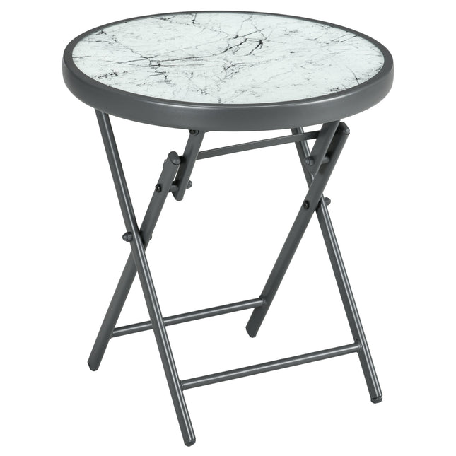 45cm Round Folding Outdoor Side Table with Imitation Marble Glass Top - White