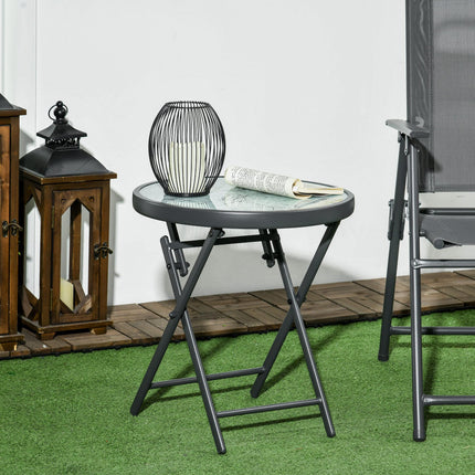 45cm Round Folding Outdoor Side Table with Imitation Marble Glass Top - White