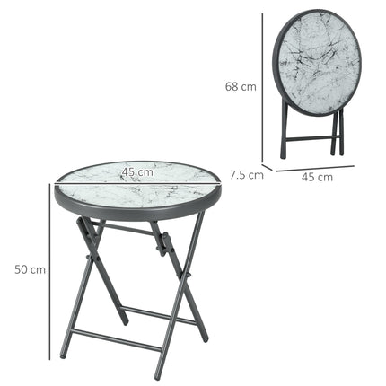 45cm Round Folding Outdoor Side Table with Imitation Marble Glass Top - White