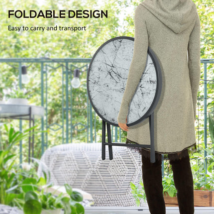45cm Round Folding Outdoor Side Table with Imitation Marble Glass Top - White