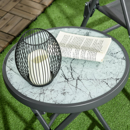 45cm Round Folding Outdoor Side Table with Imitation Marble Glass Top - White