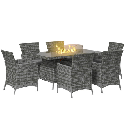 7-Piece PE Rattan Garden Dining Set with 50,000 BTU Fire Pit Table and Cushioned Armchairs - Grey