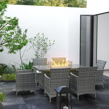 7-Piece PE Rattan Garden Dining Set with 50,000 BTU Fire Pit Table and Cushioned Armchairs - Grey