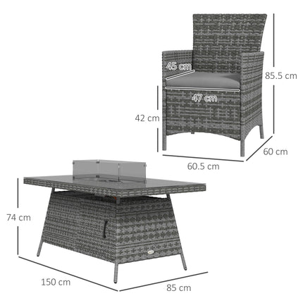 7-Piece PE Rattan Garden Dining Set with 50,000 BTU Fire Pit Table and Cushioned Armchairs - Grey