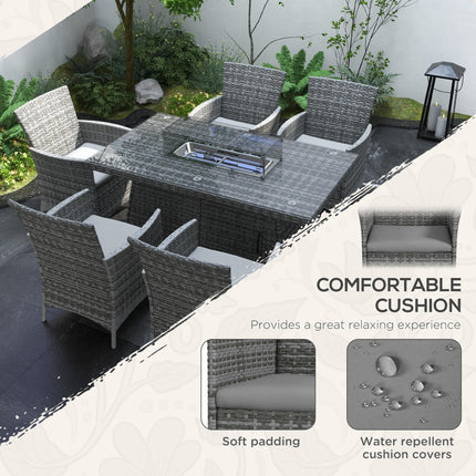 7-Piece PE Rattan Garden Dining Set with 50,000 BTU Fire Pit Table and Cushioned Armchairs - Grey