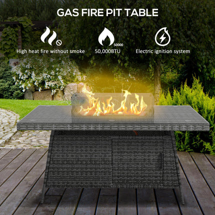 7-Piece PE Rattan Garden Dining Set with 50,000 BTU Fire Pit Table and Cushioned Armchairs - Grey