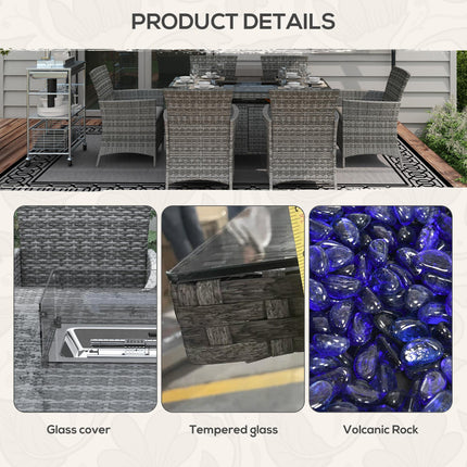 7-Piece PE Rattan Garden Dining Set with 50,000 BTU Fire Pit Table and Cushioned Armchairs - Grey