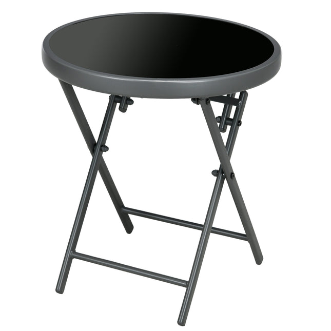 45cm Foldable Outdoor Side Table with Tempered Glass Marble Top - Black