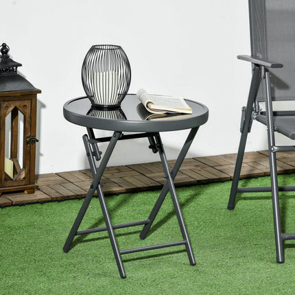45cm Foldable Outdoor Side Table with Tempered Glass Marble Top - Black