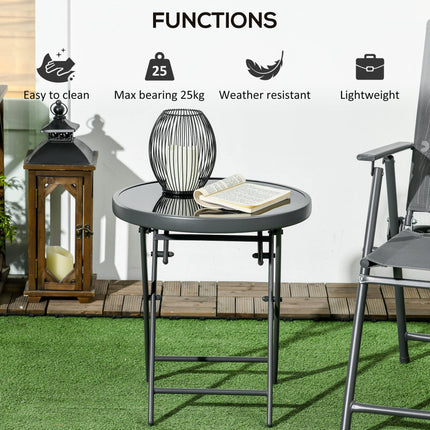 45cm Foldable Outdoor Side Table with Tempered Glass Marble Top - Black