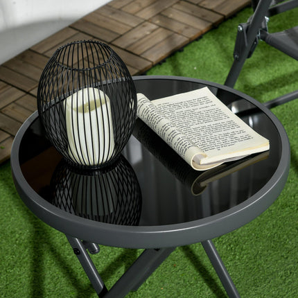 45cm Foldable Outdoor Side Table with Tempered Glass Marble Top - Black