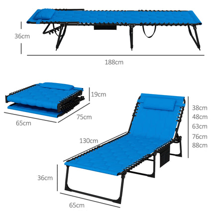 Foldable Outdoor Sun Lounger with Padded Seat and 5-Level Recline - Black/Blue