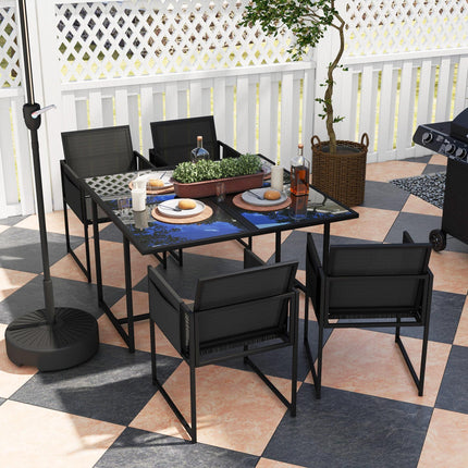 5 Piece Garden Dining Set with Adjustable Mesh Chairs & Tempered Glass Table - Black
