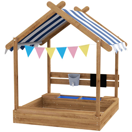 Wooden Kids Sandbox with Weather-Resistant Canopy and Accessories - Brown