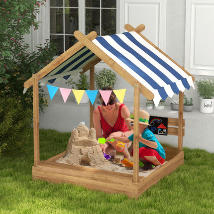 Wooden Kids Sandbox with Weather-Resistant Canopy and Accessories - Brown