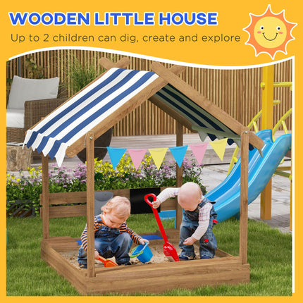Wooden Kids Sandbox with Weather-Resistant Canopy and Accessories - Brown
