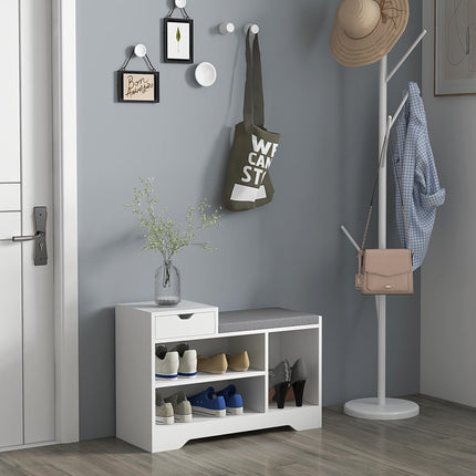 Upholstered Shoe Storage Bench with Seat, Drawer & 3 Shelves for Hallway - White Grey