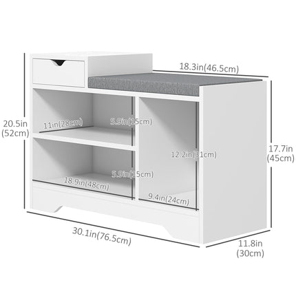 Upholstered Shoe Storage Bench with Seat, Drawer & 3 Shelves for Hallway - White Grey