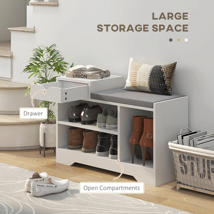 Upholstered Shoe Storage Bench with Seat, Drawer & 3 Shelves for Hallway - White Grey