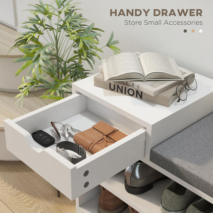 Upholstered Shoe Storage Bench with Seat, Drawer & 3 Shelves for Hallway - White Grey