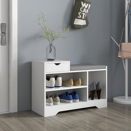 Upholstered Shoe Storage Bench with Seat, Drawer & 3 Shelves for Hallway - White Grey