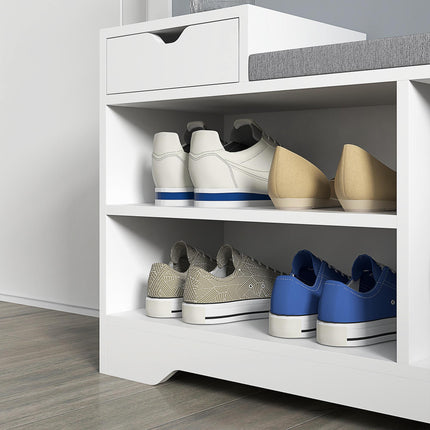 Upholstered Shoe Storage Bench with Seat, Drawer & 3 Shelves for Hallway - White Grey