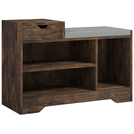 Upholstered Shoe Storage Bench with Seat, Drawer & 3 Shelves for Hallway - Rustic Brown