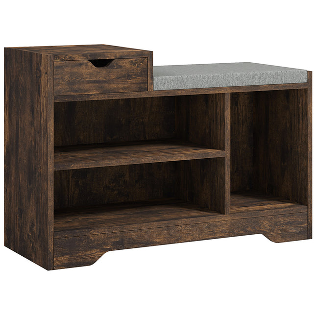 Upholstered Shoe Storage Bench with Seat, Drawer & 3 Shelves for Hallway - Rustic Brown