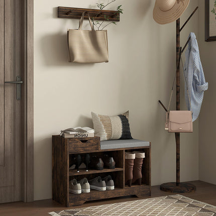 Upholstered Shoe Storage Bench with Seat, Drawer & 3 Shelves for Hallway - Rustic Brown